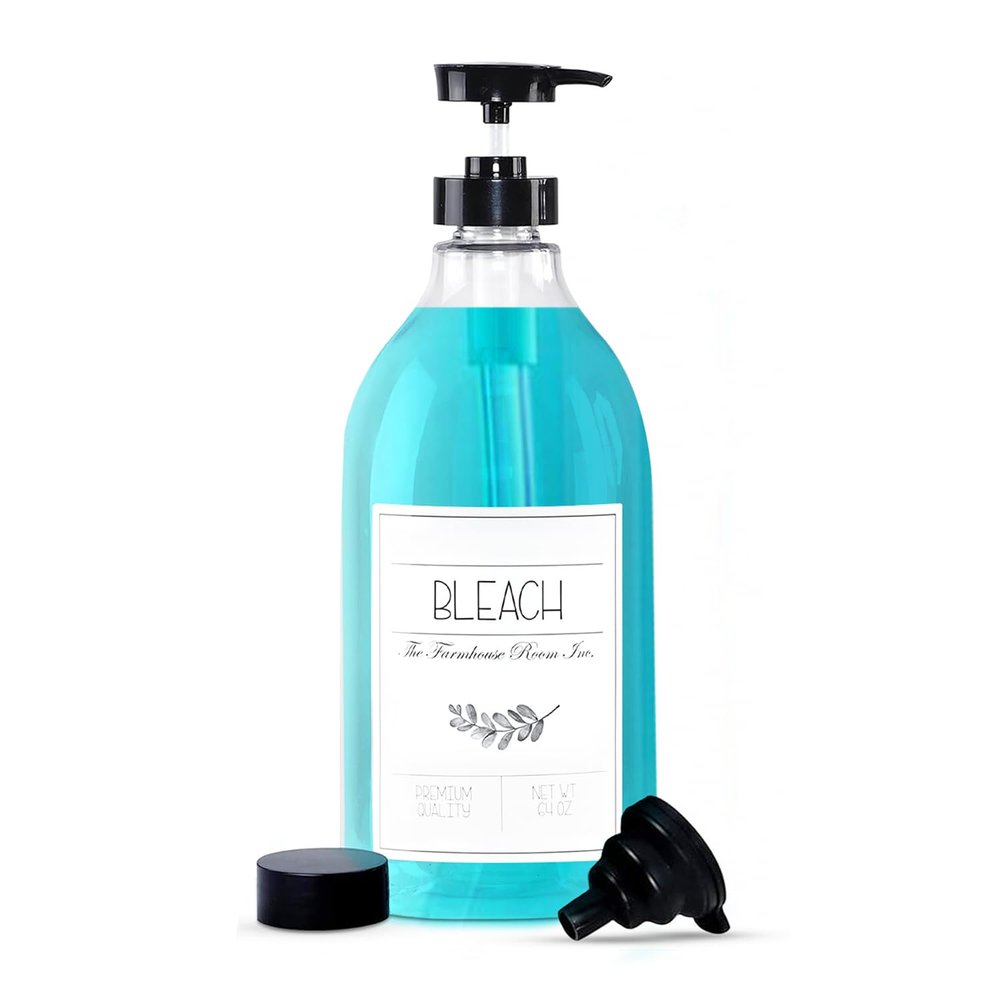 The Farmhouse Room Inc. Bleach Dispenser for Laundry Room - Pump Bottle Dispenser for - BPA Free & PET Plastic 1/2 Gallon Soap Dispenser - Waterproof Label Bleach Bottle for 64oz
