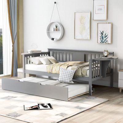 Twin Solid Wood Daybed and Trundle Frame Set with Headboard, Modern Sofa Bed with Tables/Rails for Bedroom Living Room (Gray+Tables)