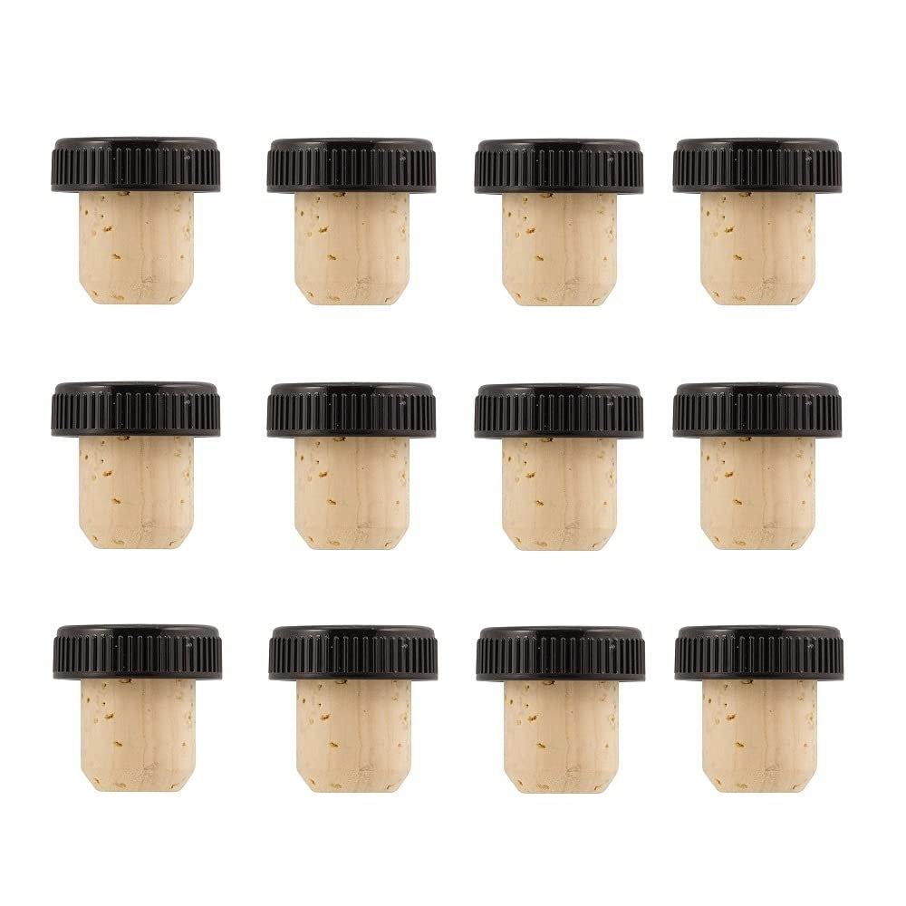 12 pack of Bar Top Corks, 19.5mm Neck Size Natural Bar Top Cork with Black Ribbed Plastic Top