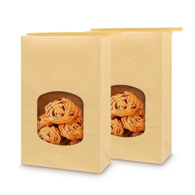 Bakbania Bakery Bags 9.6x6.1x2.7" Brown With Window - 50 Pieces Kraft Paper Tin Tie Tab Lock for Cookies - Free Stickers Included