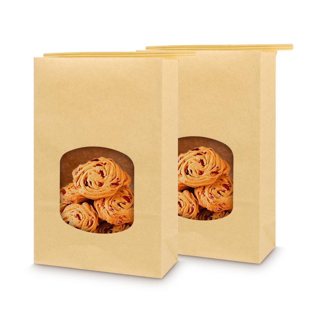 Bakbania Bakery Bags 9.6x6.1x2.7" Brown With Window - 50 Pieces Kraft Paper Tin Tie Tab Lock for Cookies - Free Stickers Included