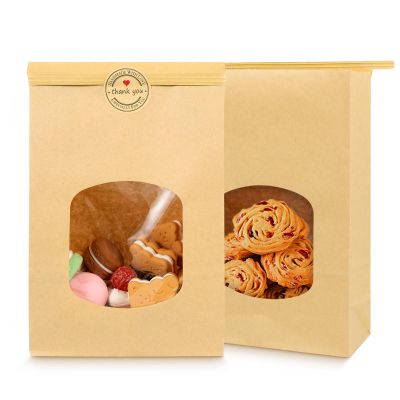 Bakbania 9.6x6.1x2.7 Bakery Bags with Window 30 Pieces Brown Bakery Bags Kraft Paper Bags Tin Tie Tab Lock Bags for Cookies with Free Stickers