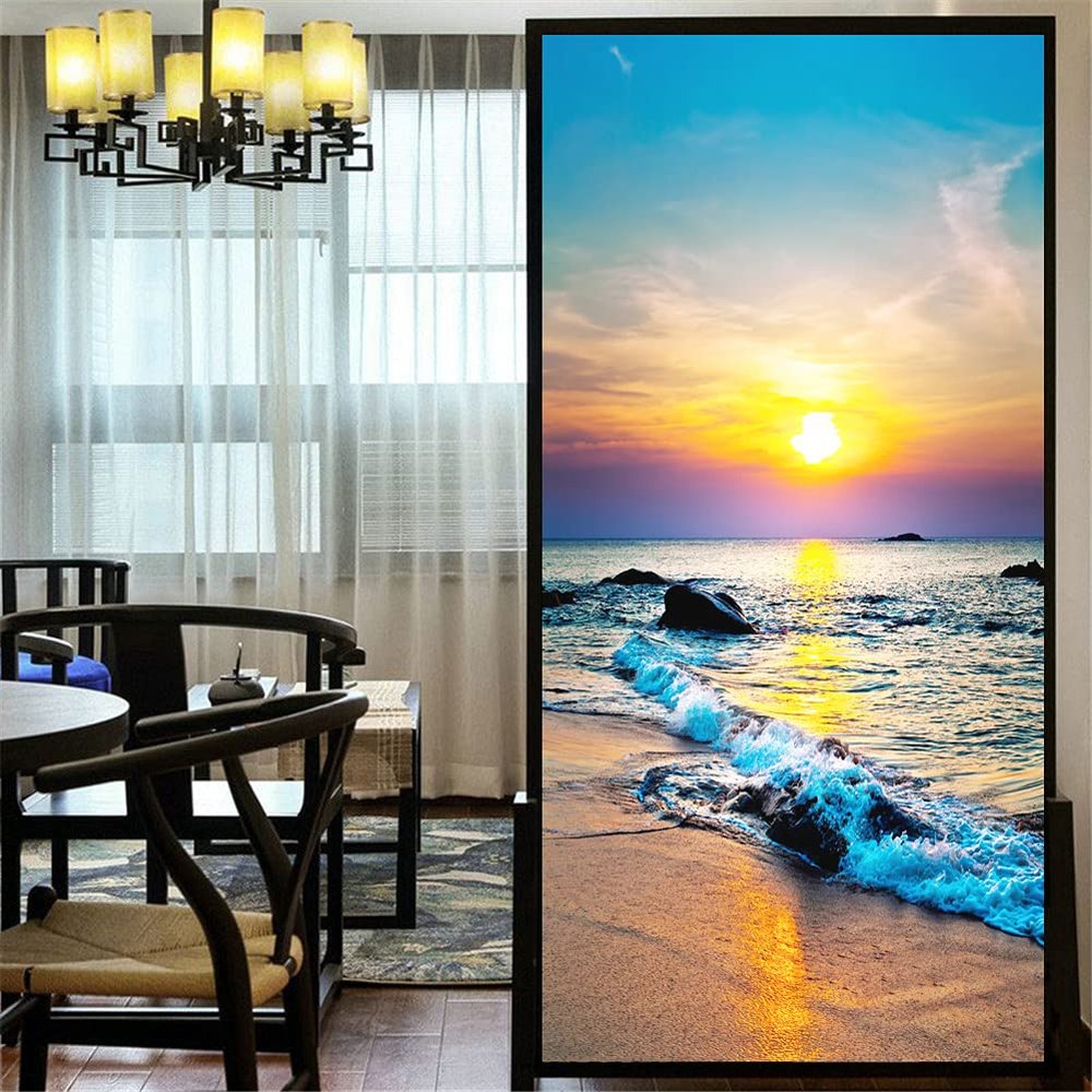 Privacy Window Film Decorative Sunset Beach 90C Static Cling No Glue Window Film Window Treatments Window Coverings Window Sticker (W x L) 90x140cm(35.2"x55.1")