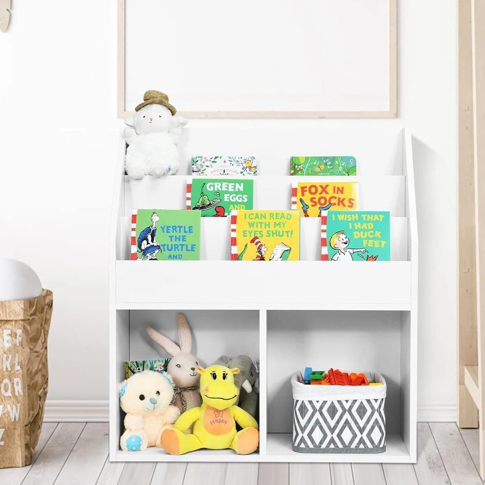 Costzon Kids Bookshelf, Wooden Toy Storage Cabinet Organizer w/Shelves, 2 Large Cubes & Anti-Tipping Devices, Children Bookcase Display Sling Book Rack for Kids Room, Nursery, Kindergarten (White)