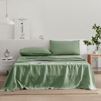 EVERLY Linen Sheets Set Twin Size,100% French Pure Linen Sheets Set,3Pieces (1Flat Sheet,1Fitted Sheet,1Pillowcase) Suitable for Hot Sleepers, Stonewash Deep Pocket Natural Bedding Set-Saga Green