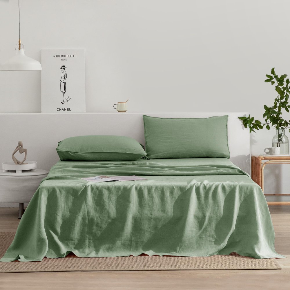 EVERLY Linen Sheets Set Twin Size,100% French Pure Linen Sheets Set,3Pieces (1Flat Sheet,1Fitted Sheet,1Pillowcase) Suitable for Hot Sleepers, Stonewash Deep Pocket Natural Bedding Set-Saga Green