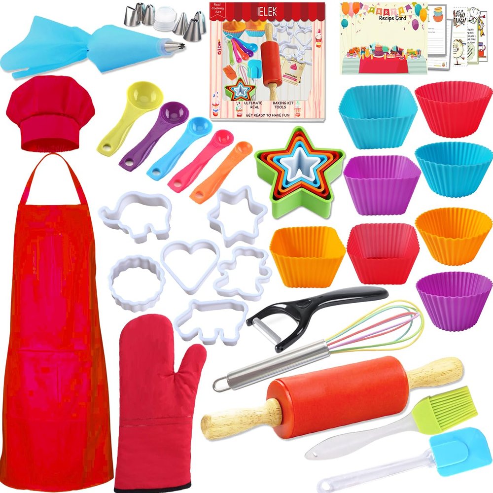 Cooking and Baking Set Real Baking Gift Includes Apron,Chef Hat,Oven Mitt&Utensil,Recipes for the Curious Junior Chef