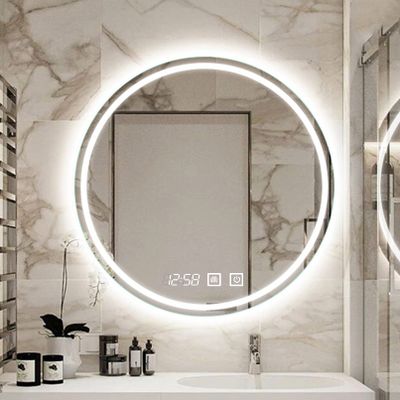 HORV LED Backlit Bathroom Mirror, Round Wall Mount Mirror, Frameless Illuminated Vanity Make Up Mirror with Smart Touch and Electronic Clock