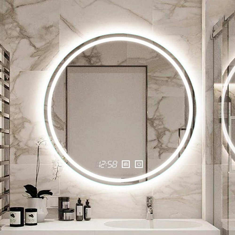 HORV LED Backlit Bathroom Mirror, Round Wall Mount Mirror, Frameless Illuminated Vanity Make Up Mirror with Smart Touch and Electronic Clock