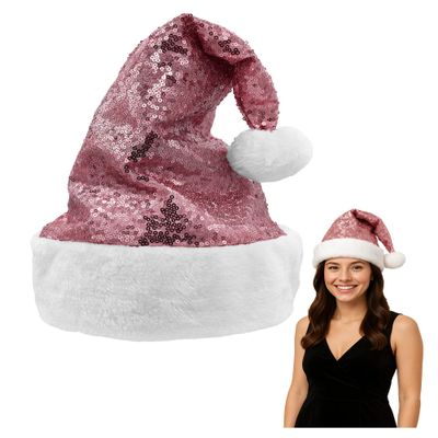 Nicky Bigs Novelties Pink Sequin Santa Hat for Women - Pink Sparkly Santa Hats with Velvety Faux Fur Trim & Fluffy Pom, Girls Christmas Hats & Costume Accessories for Women