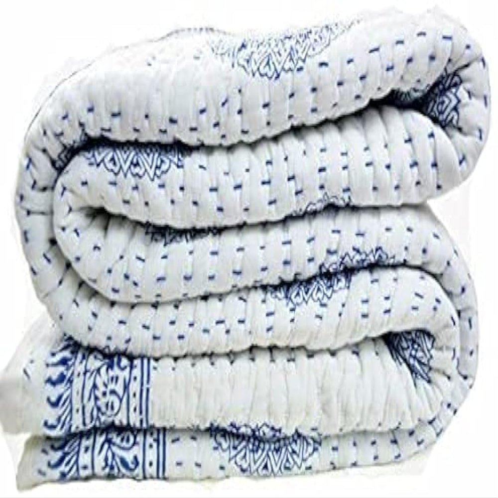 Flyingasedgle Indian Hand Block Queen Size Kantha Quilt, White Cotton Blanket, Handmade Bedspread, Print, 100% Bedspread Blanket Throw (White, 90X108), FLGD00110