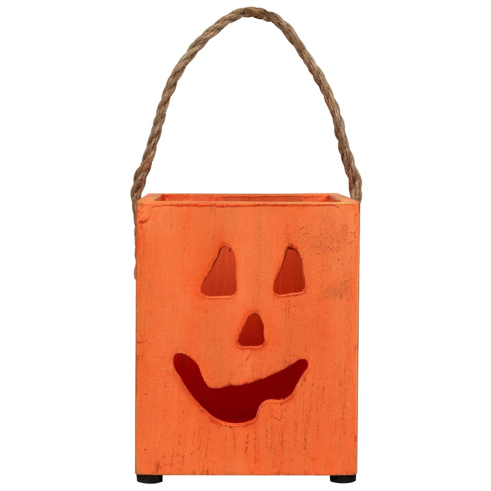 6.25" Small Orange Wood Jack O Lantern Halloween Candle Lantern