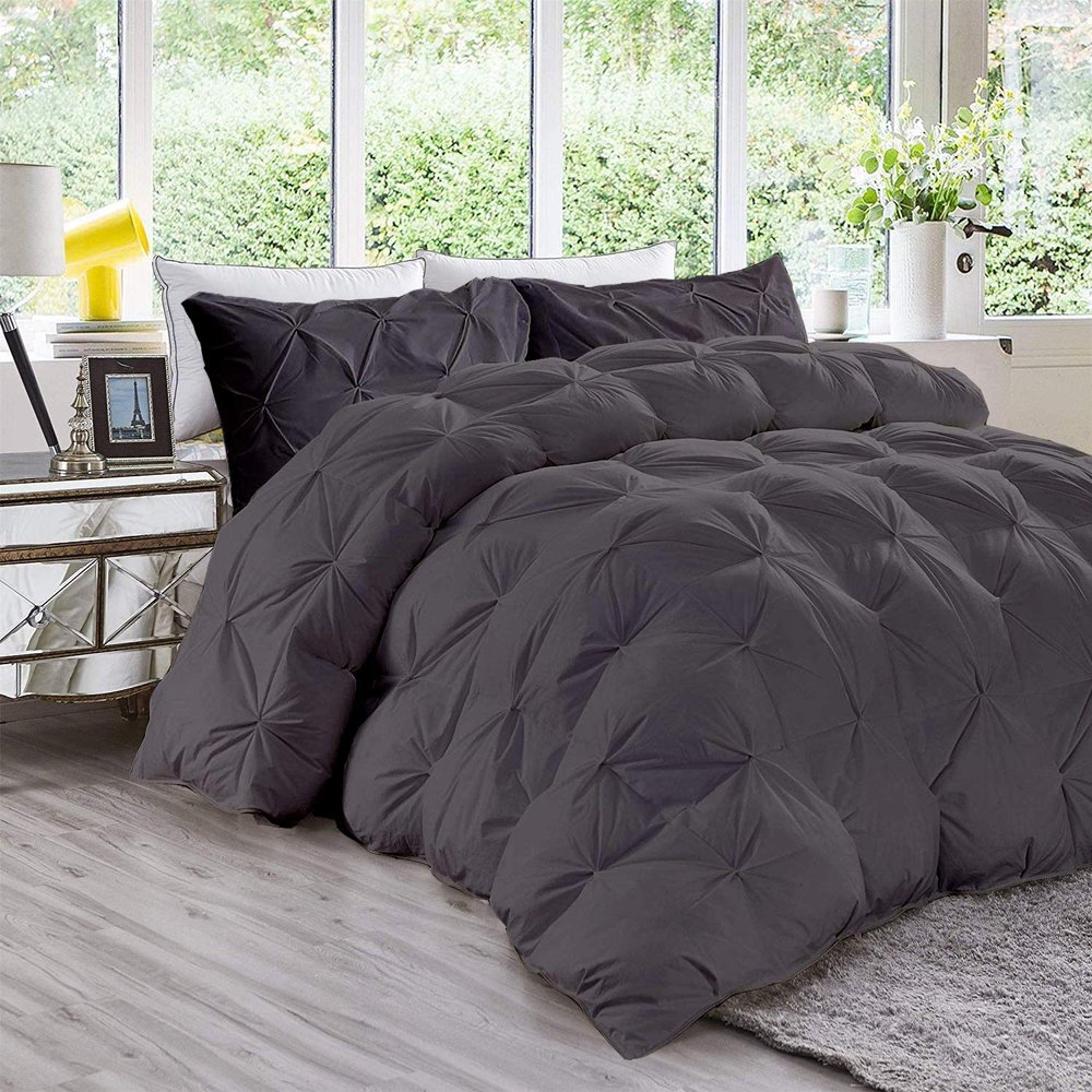 Best Bedding Store All-Season 600 GSM Dark Gray Goose Down 5 Pieces Quiled Pinch Pleated Comforter Set (Comforter + 4 Pillow Cases) 1200 Series Egyptian Cotton Duvet Insert Queen