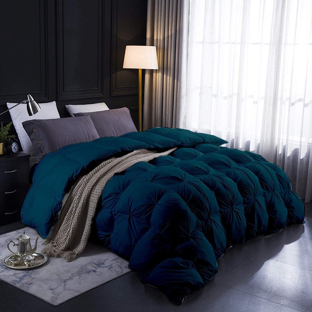 Best Bedding Store All-Season 600 GSM Teal Green Goose Down 5 Pieces Quiled Pinch Pleated Comforter Set (Comforter + 4 Pillow Cases) 1200 Series Egyptian Cotton Duvet Insert Super King