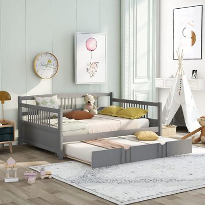 Solid Wood Full Size Daybed, Daybed with a Trundle, Wooden Full Size Daybed Frame with a Twin Trundle, Wooden Slat Support, No Box Spring Needed (Gray+Wood)
