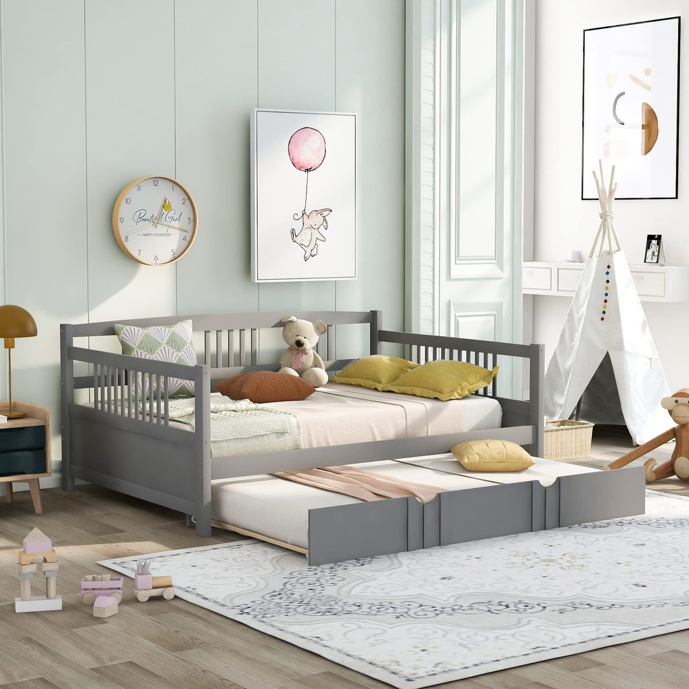 Solid Wood Full Size Daybed, Daybed with a Trundle, Wooden Full Size Daybed Frame with a Twin Trundle, Wooden Slat Support, No Box Spring Needed (Gray+Wood)