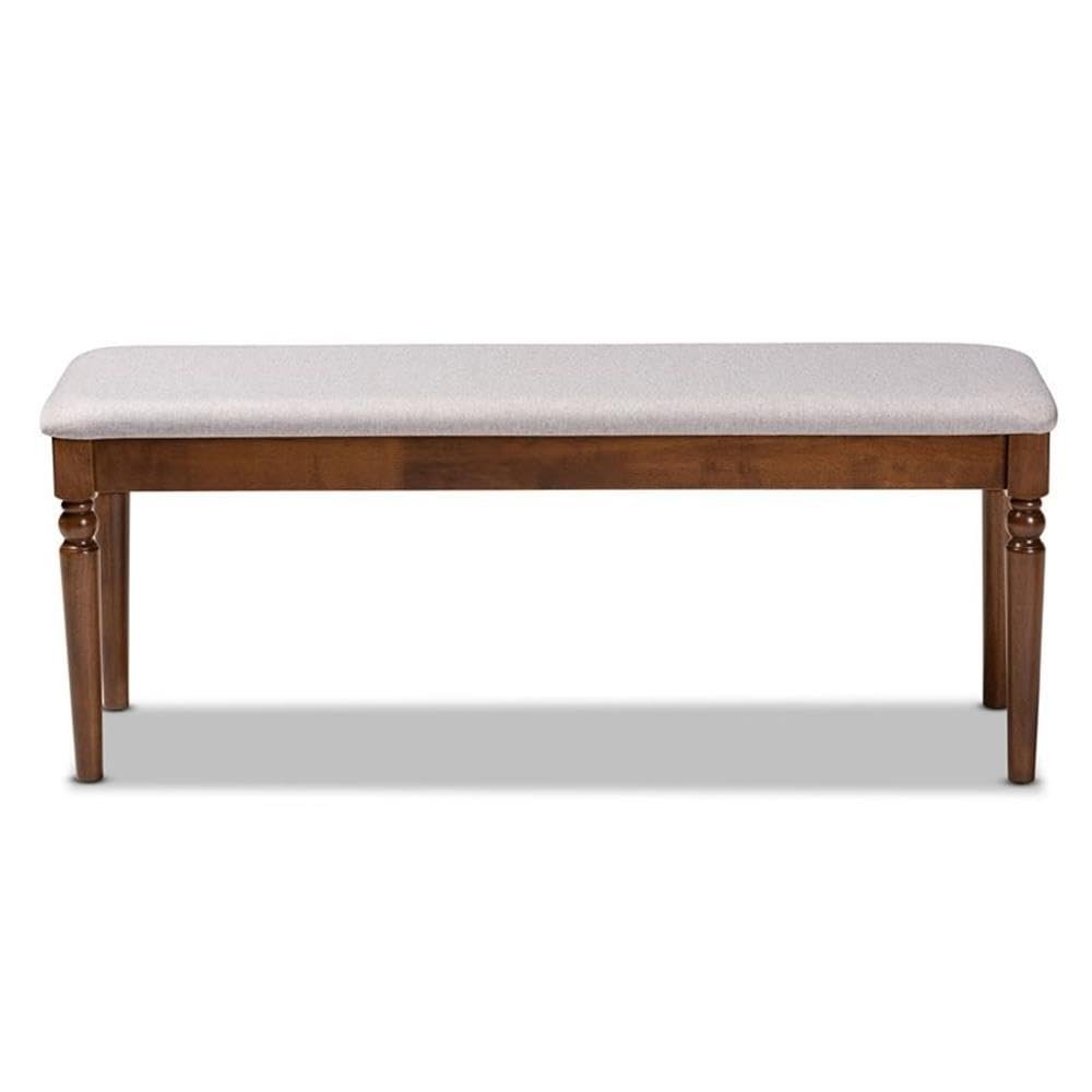 BOWERY HILL Modern Upholstered Wood Dining Bench, 47.8 in Wide, Walnut Brown Finish, Grey Polyester Fabric, Foam Cushion, Classic Ball Turned Legs, Versatile Seating for Dining Room or Entryway