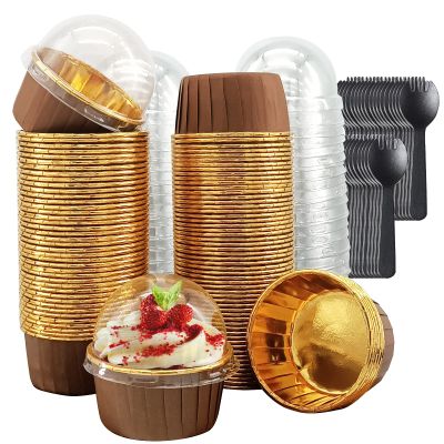 Foil Cupcake Liners With Dome Lids 100 Pack,LNYZQUS 5.5 Oz Muffin Cups Muffin Tins,Disposable Ramekins Cupcake Cups Wrappers Holders,Large Muffin Liners Baking Cups,with Spoons-Brown in Gold