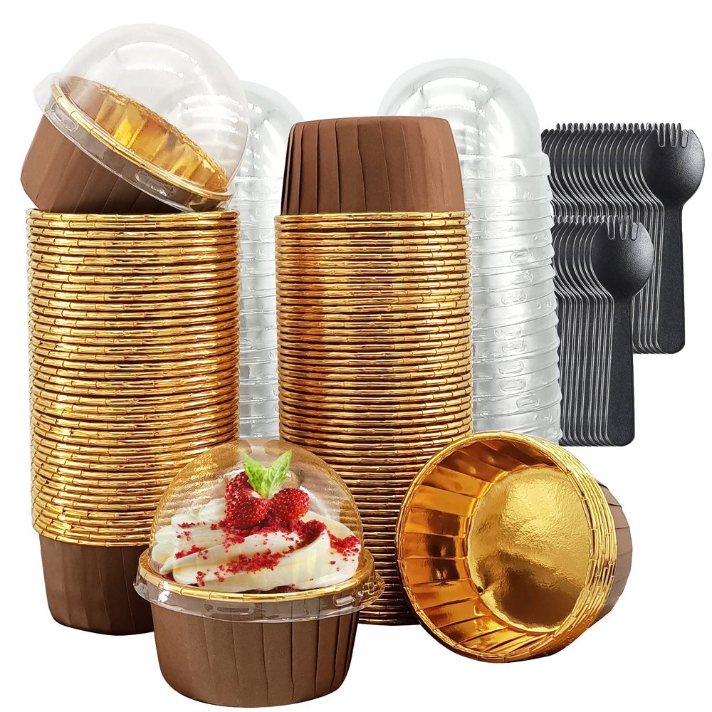 Foil Cupcake Liners With Dome Lids 100 Pack,LNYZQUS 5.5 Oz Muffin Cups Muffin Tins,Disposable Ramekins Cupcake Cups Wrappers Holders,Large Muffin Liners Baking Cups,with Spoons-Brown in Gold