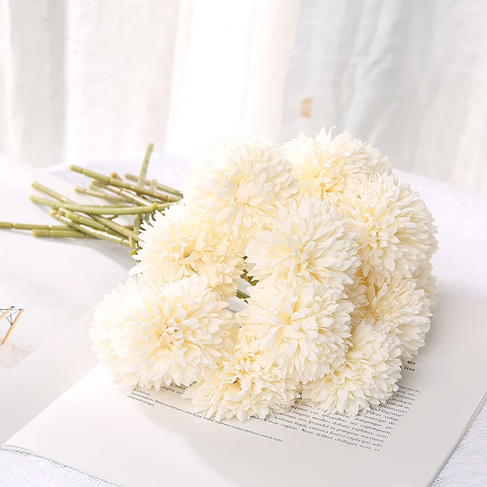 Crownia Artificial Flowers 10Pcs Chrysanthemum Ball Flowers Fake Flowers Silk Artificial Hydrangea Bridal Wedding Bouquet for Home Garden Office Coffee House Parties and Wedding (White)