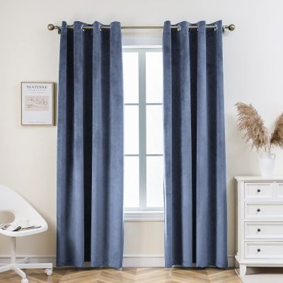 PLEASANT BOULEVARD | Velvet Curtains [2 Panels] Elegant Living Room Bedroom Window Drape Curtain, Grommet Eyelet Style (52" W x 95" L, Stone Blue)