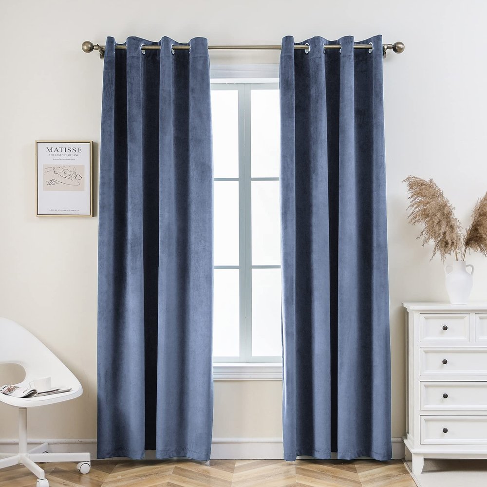 PLEASANT BOULEVARD | Velvet Curtains [2 Panels] Elegant Living Room Bedroom Window Drape Curtain, Grommet Eyelet Style (52" W x 95" L, Stone Blue)