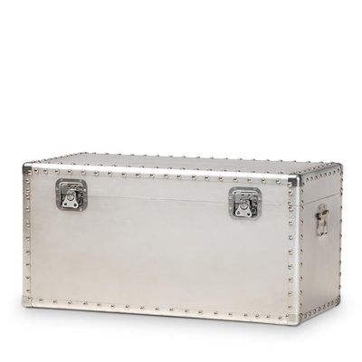 BOWERY HILL Mid-Century Metal and Wood Storage Trunk, 29.72 in Wide, Silver Finish, French Industrial Style with Rivets, Spacious Inner Compartment, Decorative Storage for Blankets and Pillows