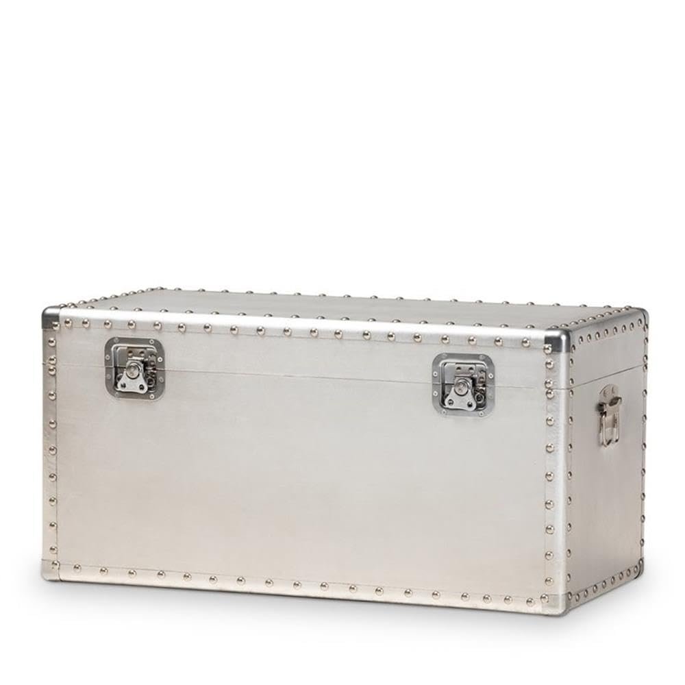 BOWERY HILL Mid-Century Metal and Wood Storage Trunk, 29.72 in Wide, Silver Finish, French Industrial Style with Rivets, Spacious Inner Compartment, Decorative Storage for Blankets and Pillows