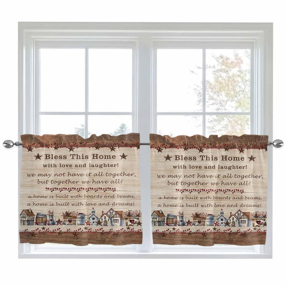 Heart Shaped Basket Country Star Brown Wood Grain Words Red Berry Tier Curtains 27.5 x 36 Inches Long Wide Pocket Kitchen Curtains for Bedroom, French Door Half Window Curtains for Patio Door