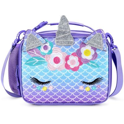 mibasies Unicorn Lunch Bag Kids Insulated Lunch Box for Girls with Water Bottle Holder and Shoulder Strap (Mermaid Blue Purple)