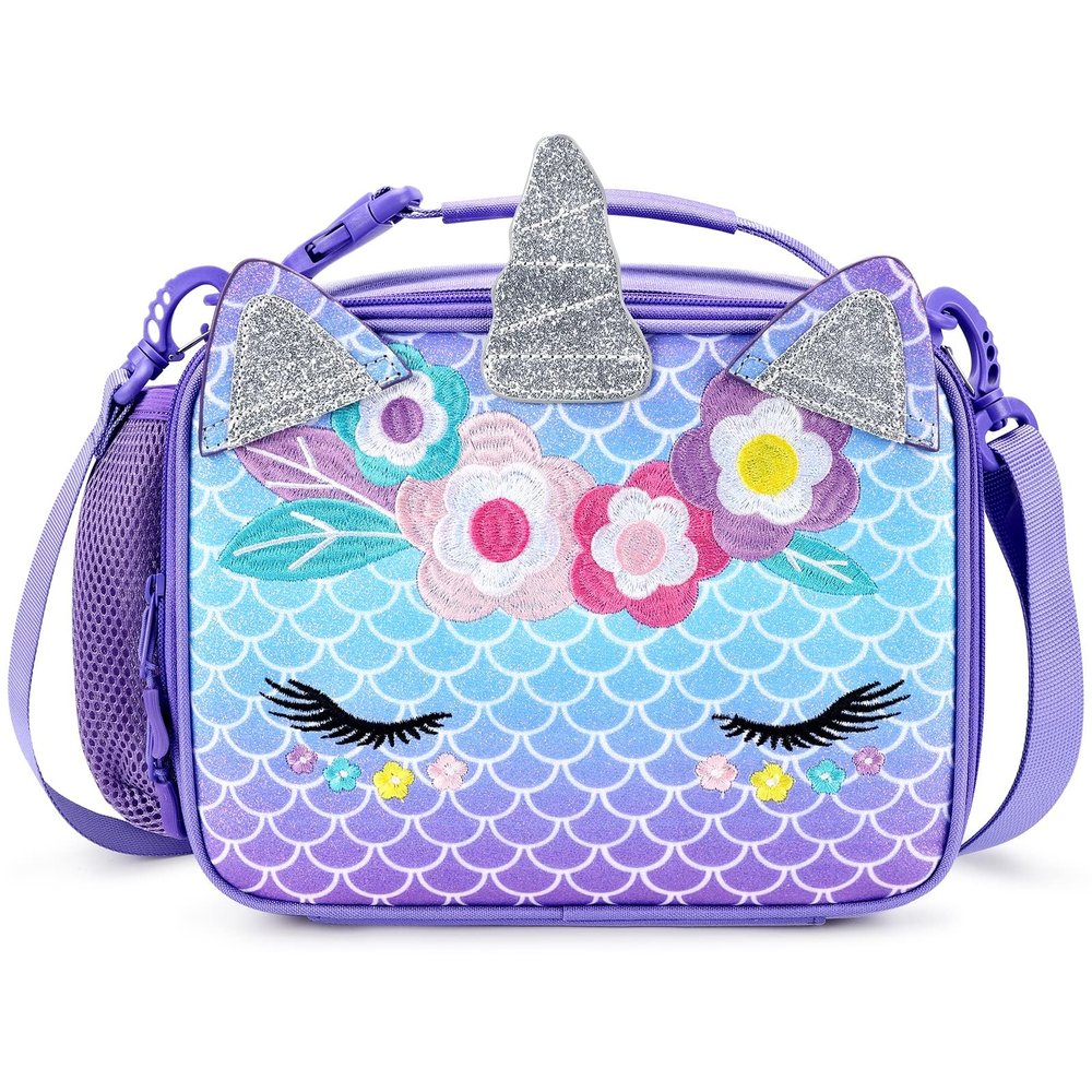 mibasies Unicorn Lunch Bag Kids Insulated Lunch Box for Girls with Water Bottle Holder and Shoulder Strap (Mermaid Blue Purple)