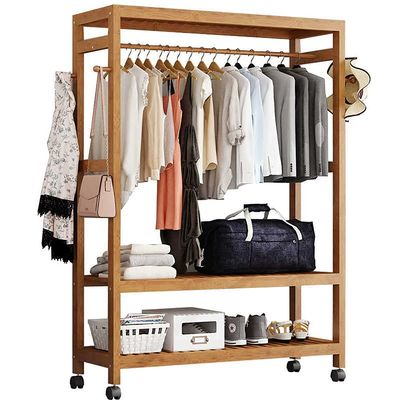 LINGOSHUN Bamboo Clothes Hanging Rail with 4 Wheels Open Wardrobe with Shelves Rolling Coat Rack Stand with Shelves Storage Organiser for Bedroom, Entryway L60/70/80/100Cm,60X35X165Cm