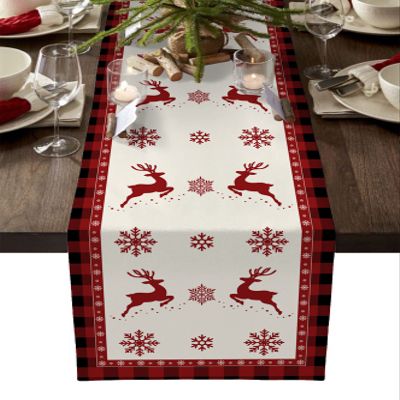 Reindeer and Snowflake Table Runner Dresser Scarves,Merry Christmas Buffalo Plaid Red Table Runners 108 inches Long,Farmhouse Table Runner Christmas Table Decor for Birthday Party Dinner