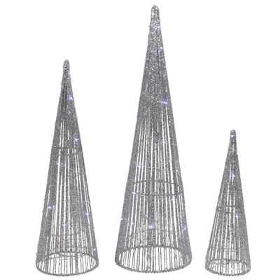 LED Lighted Glittered Outdoor Christmas Cone Tree - 23.5" - Silver - Set of 3