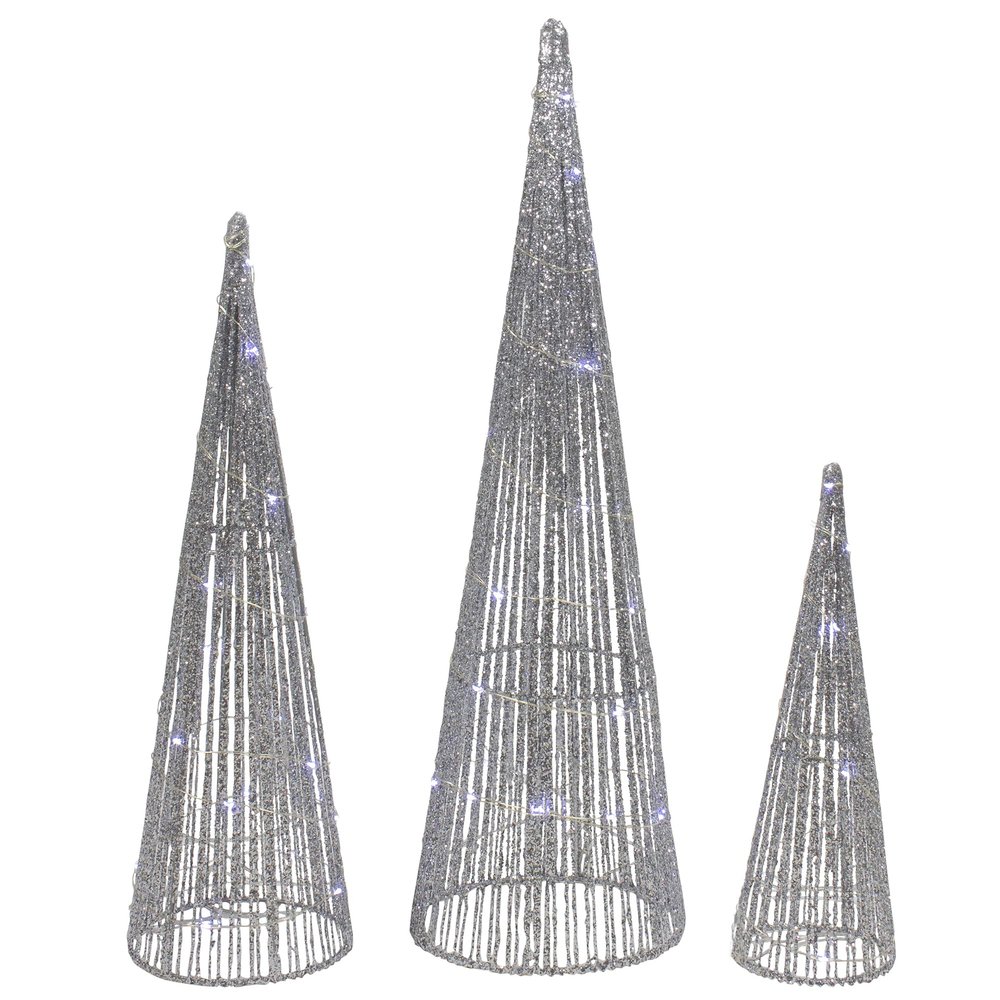 LED Lighted Glittered Outdoor Christmas Cone Tree - 23.5" - Silver - Set of 3
