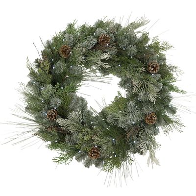 32 in. Pre lit LED Snowy Mixed Pine Wreath with Pinecones