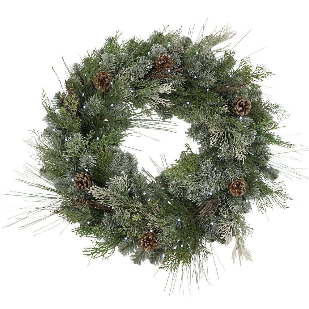 32 in. Pre lit LED Snowy Mixed Pine Wreath with Pinecones