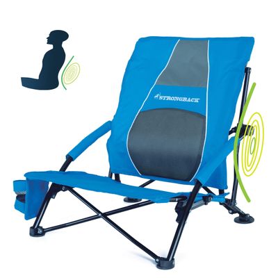 STRONGBACK Low Gravity Beach Chair with Lumbar Support Foldable, Heavy Duty Recliner for Sand, Travel & Outdoor Use - Blue
