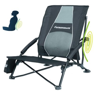 STRONGBACK Low Gravity Beach Chair with Lumbar Support Foldable, Heavy Duty Recliner for Sand, Travel & Outdoor Use - Black