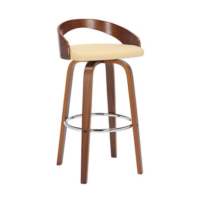 Armen Living Sonia 30" Bar Height Swivel Cream Faux Leather and Walnut Wood Bar Stool