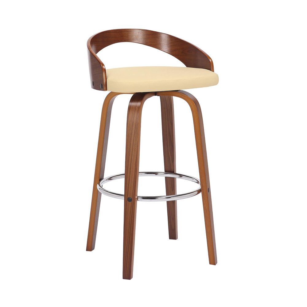 Armen Living Sonia 30" Bar Height Swivel Cream Faux Leather and Walnut Wood Bar Stool
