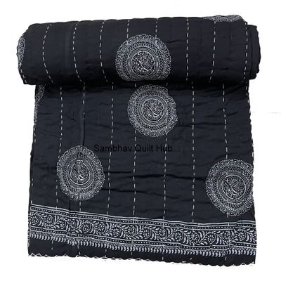 Black Indigo Print Cotton Handmade Handblock Quilted Blanket Indian Cotton spread Kantha Indigo Print Beork Bohemian Bed Decor Block Throw Blanket Twin/King/Queen (Queen 90X108 inches (9))