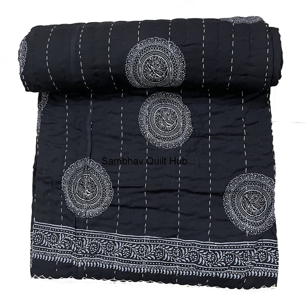 Black Indigo Print Cotton Handmade Handblock Quilted Blanket Indian Cotton spread Kantha Indigo Print Beork Bohemian Bed Decor Block Throw Blanket Twin/King/Queen (Queen 90X108 inches (9))