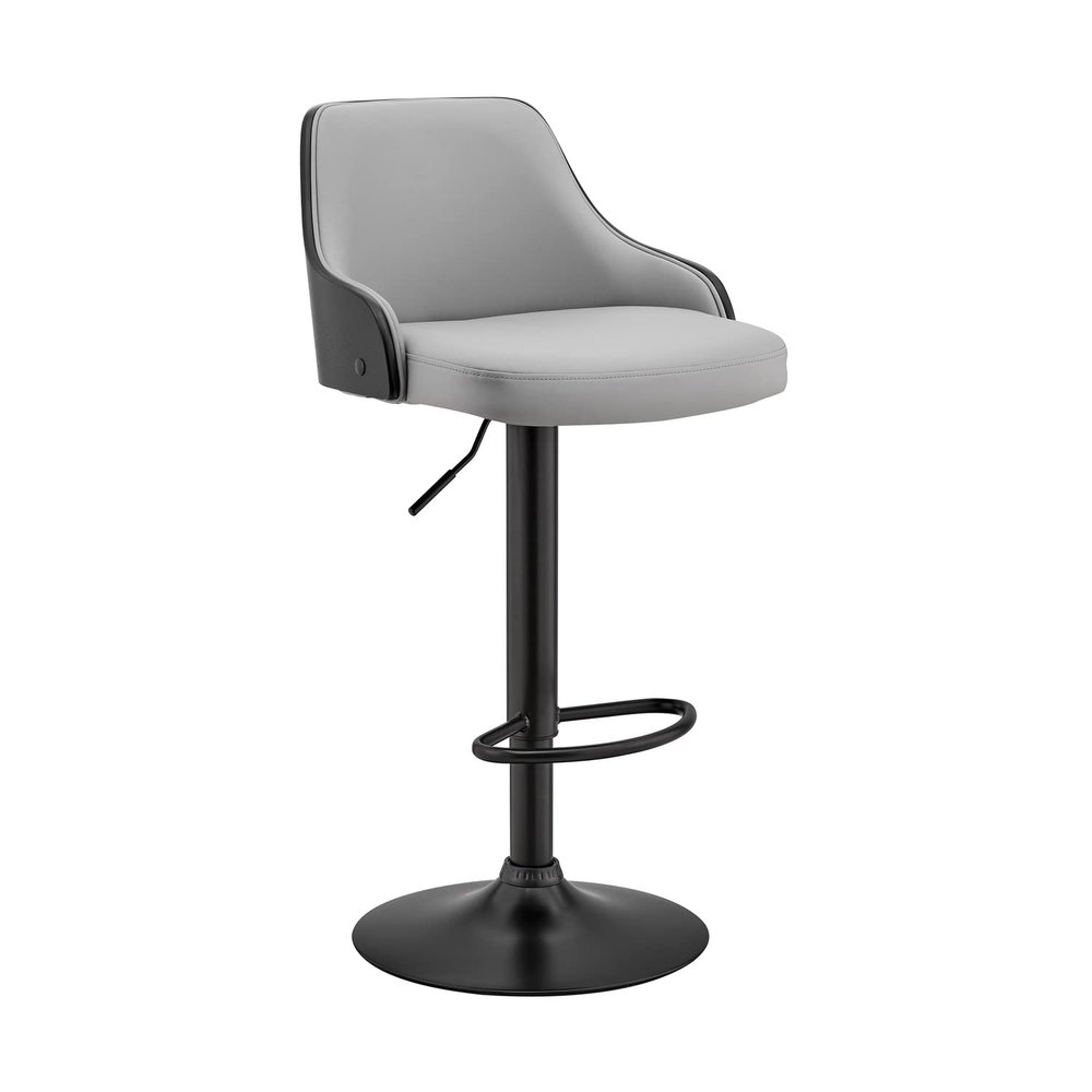 Armen Living Asher Modern Adjustable Height Swivel Gray Faux Leather and Black Wood Bar Stool with Black Base for Kitchen Island Counter
