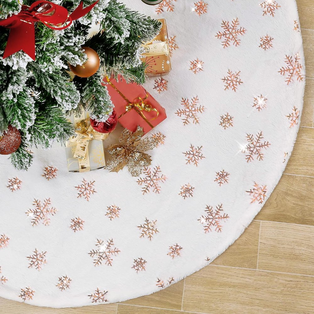 48 Inch Christmas Tree Skirt White Faux Fur with Sequin Snowflakes Large Rose Gold Thick Xmas Plush Tree Skirt Ornaments