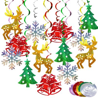 Christmas Decorations Hanging Swirl 30 Packs Xmas Decorations Merry Christmas Elk Sliver Snowflake Green Christmas Tree Golden Jungle Bell Glitter Foil Ceiling Hanging String Garland