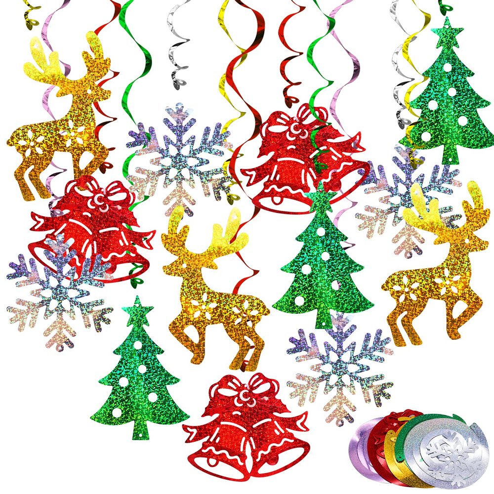 Christmas Decorations Hanging Swirl 30 Packs Xmas Decorations Merry Christmas Elk Sliver Snowflake Green Christmas Tree Golden Jungle Bell Glitter Foil Ceiling Hanging String Garland