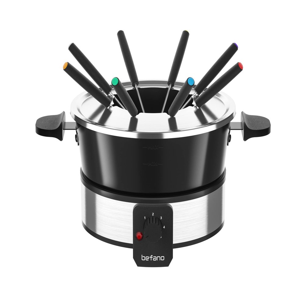 Befano Stainless Steel Fondue Pot with Temperature Control, Forks, Cups, and Rack, 2-Quart, Non-Stick, Perfect for Chocolate, Cheese, Caramel, Marshmallows, Great for Valentine's Day