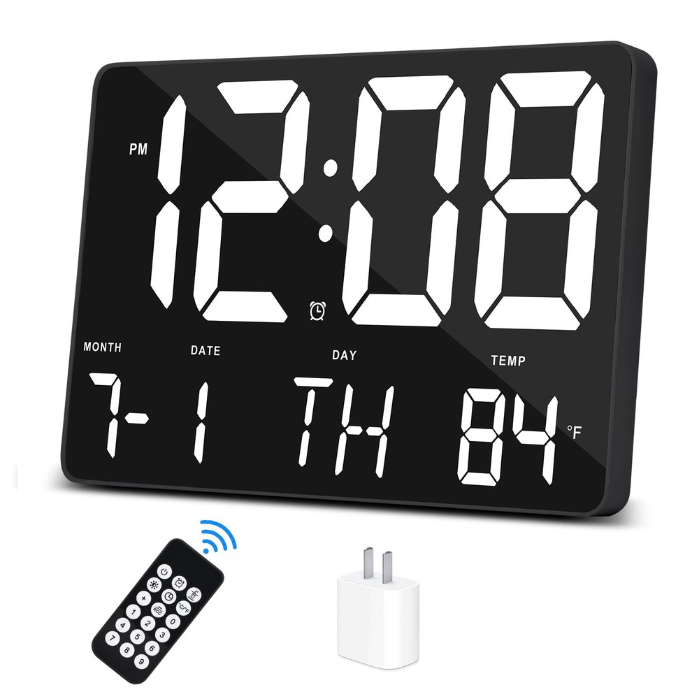 Amgico Digital Alarm Clock with Snooze, Temperature, Auto Dimming, 11.5" Large Display Calendar, Desk/Wall Clock for Bedroom, Living Room, Office, Home, Classroom, Kids, Elderly - White