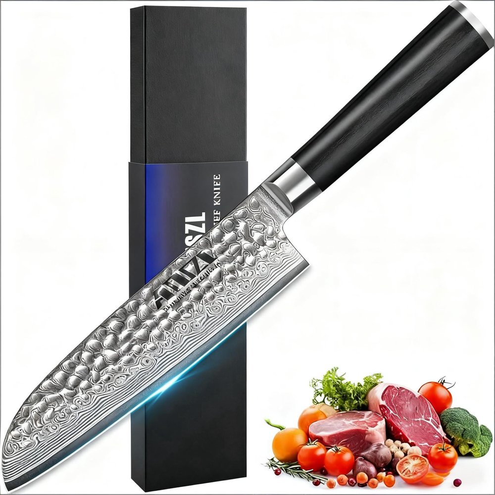 AMSZL Japanese Chef Knife Santoku Knife, 7 inch Japanese VG10 Steel Damascus Kitchen Knife Professional Sharp Chefs Knife, Hammered Forged, Ergonomic Ebony Handle, with GiftBox